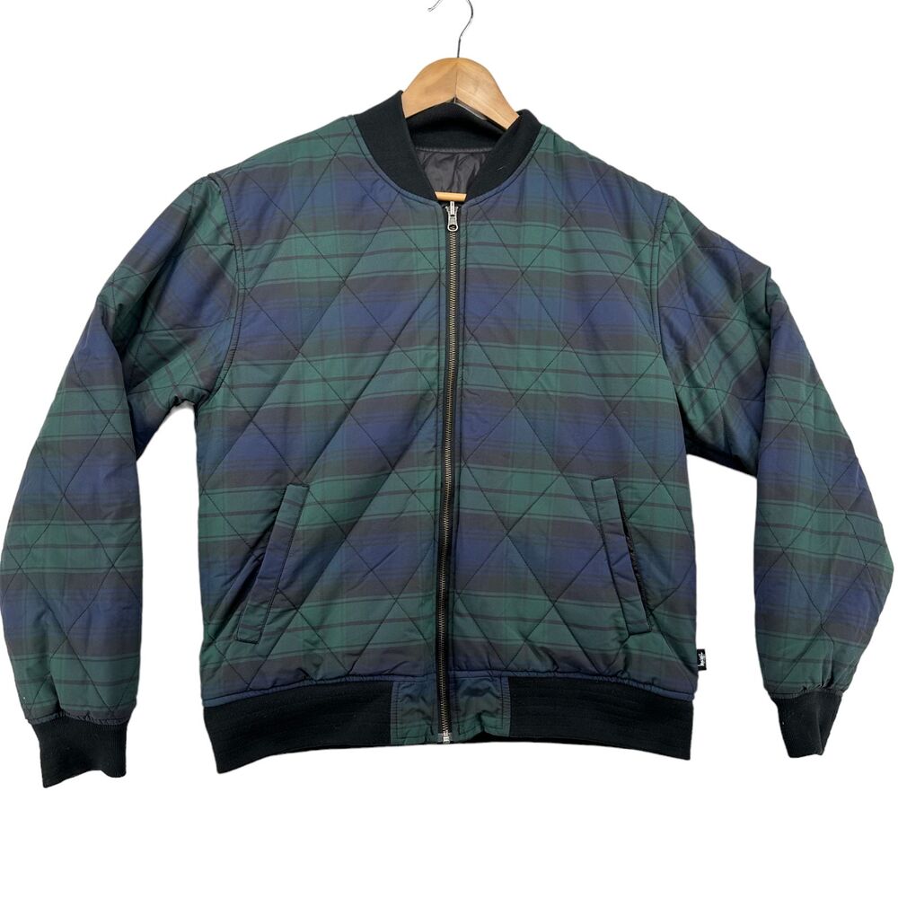 Stussy Quilted Coat Size M Reversible Plaid Black Bomber Jacket Pockets Winter